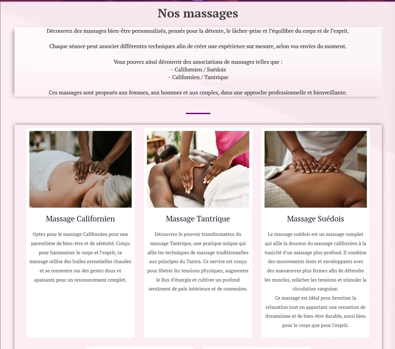 Page des prestations du site Gloria Massage