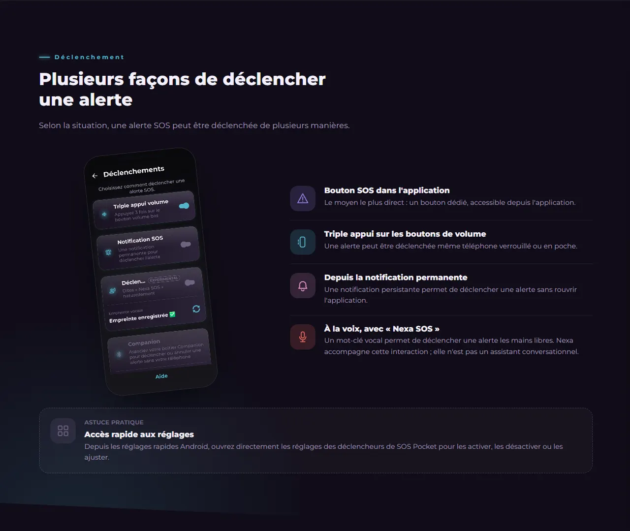 Page des fonctionnalités du site SOS Pocket
